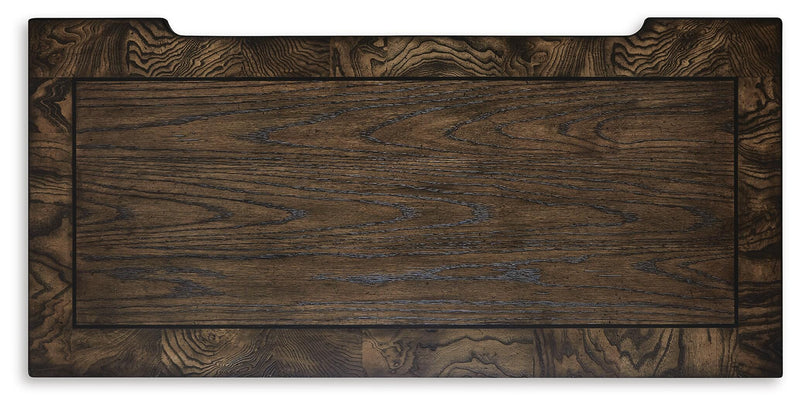 Maylee Queen Upholstered Bed, Dresser, Mirror, Chest and Nightstand in Dark Brown - PKG017041