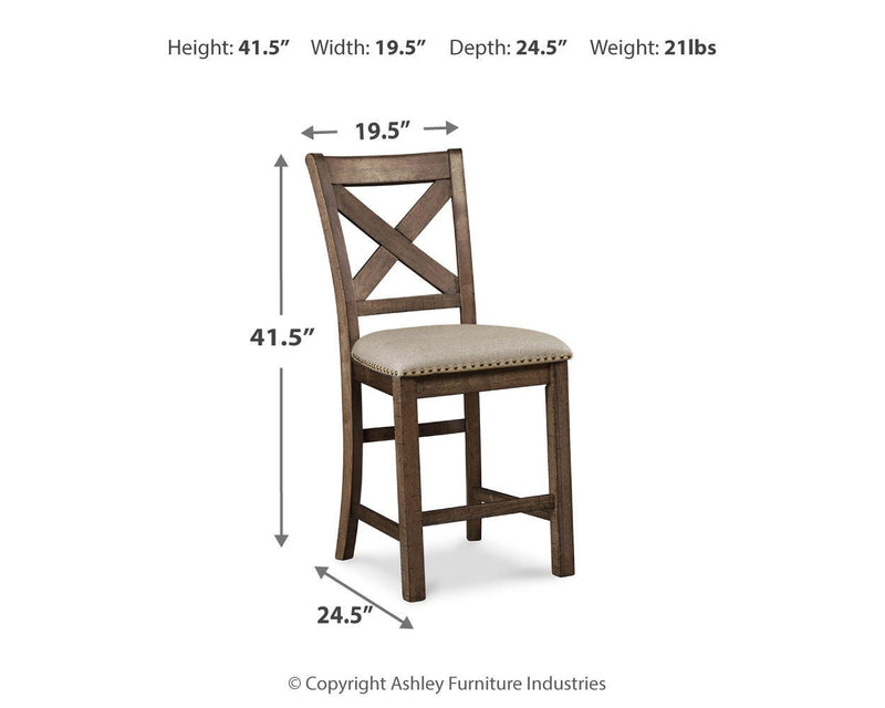 Moriville Grayish Brown Counter Height Dining Table with 4 Barstools, Bench, and Server - D631D4