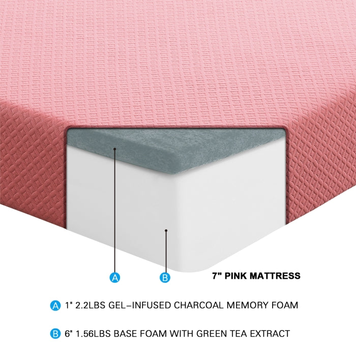 MT-PG07PKF 7" Pink Full Gel-Infused Memory Foam Mattress and Pillow Set - MT-PG07PKF