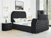 Natalia Black King Upholstered Fireplace Bed with TV Lift - DMV FurnitureKing Bed