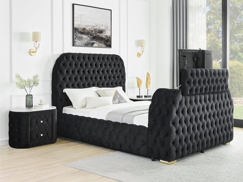Natalia Black King Upholstered Fireplace Bed with TV Lift - DMV FurnitureKing Bed