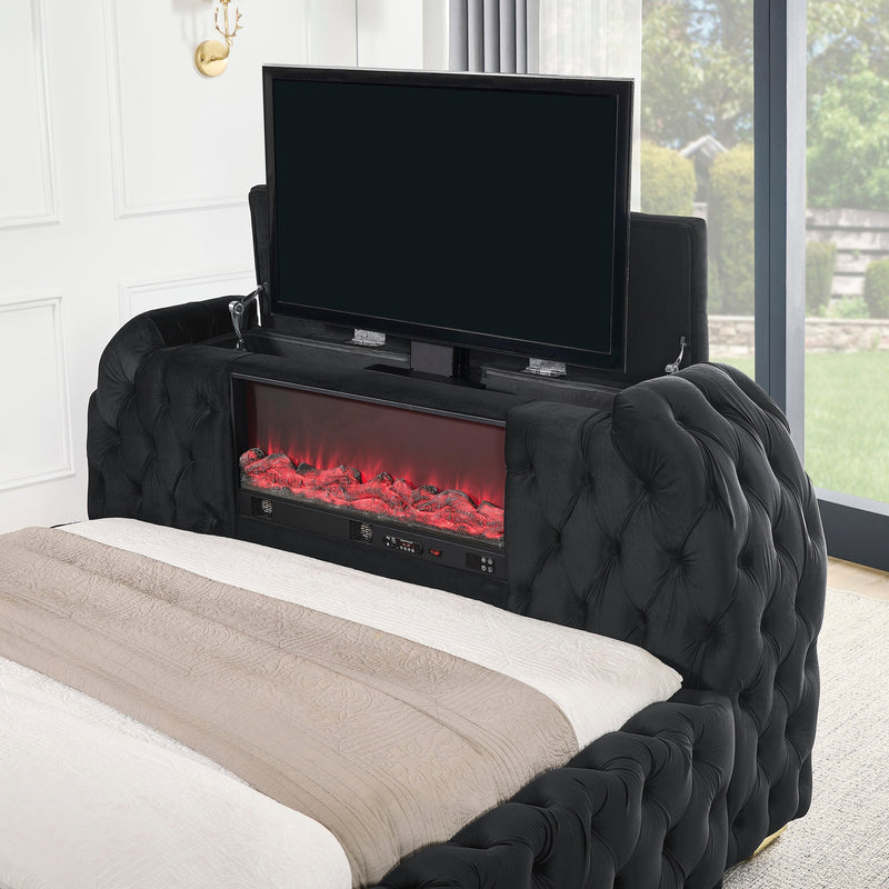 Natalia Black Queen Upholstered Fireplace Bed with TV Lift - DMV FurnitureQueen Bed
