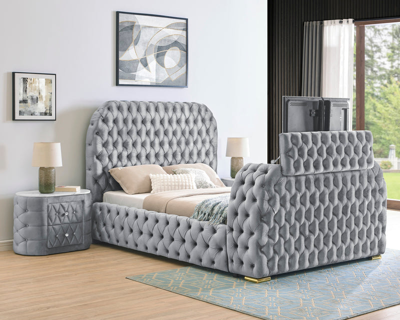 Natalia Gray King Upholstered Fireplace Bed with TV Lift - DMV FurnitureKing Bed