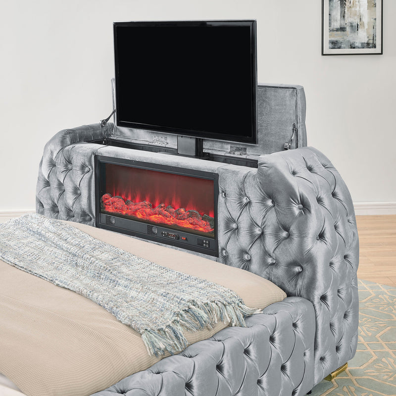 Natalia Gray King Upholstered Fireplace Bed with TV Lift - DMV FurnitureKing Bed