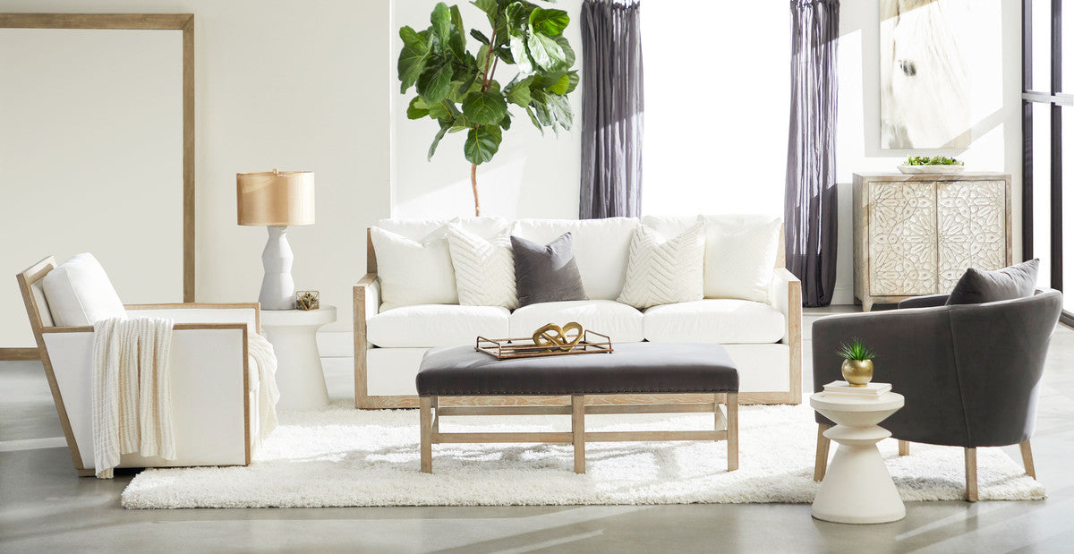 Manhattan 85" Wood Trim Sofa in Livesmart Peyton-Pearl, Natural Gray Oak