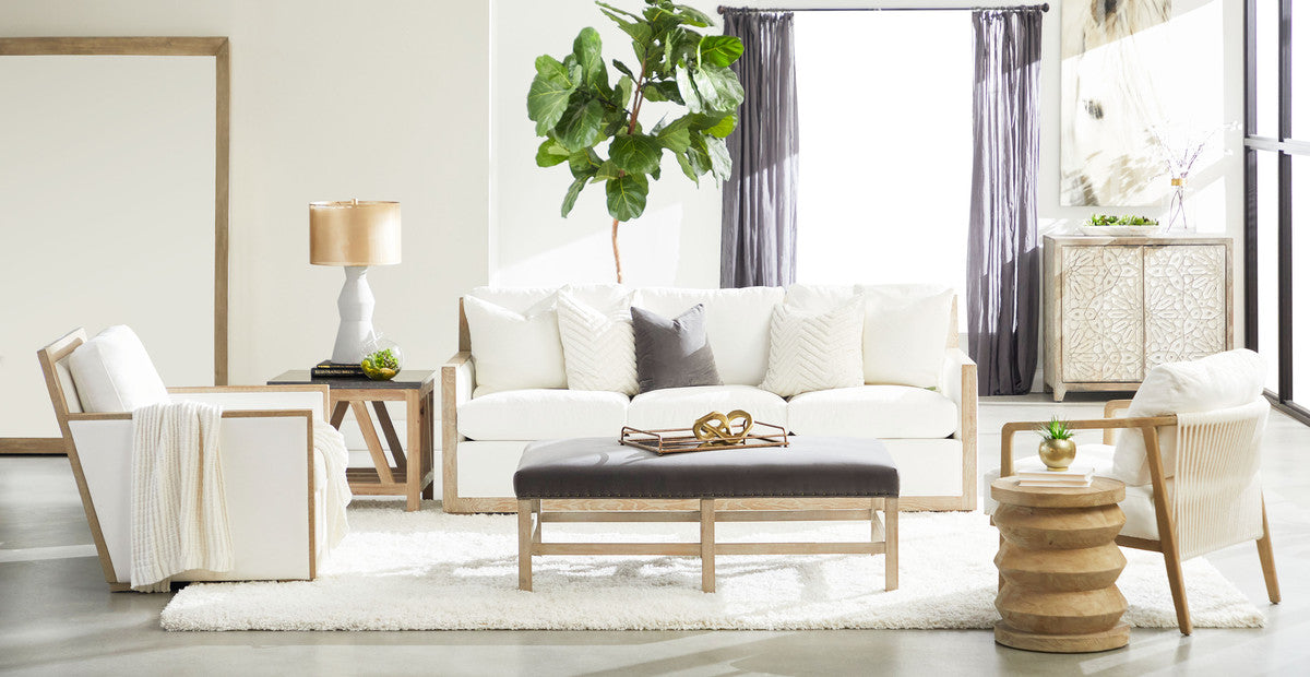 Manhattan 85" Wood Trim Sofa in Livesmart Peyton-Pearl, Natural Gray Oak