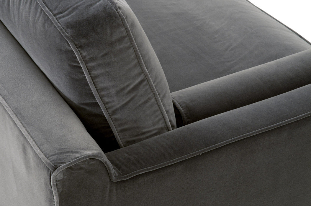Parker 86" Post Modern Sofa in Dark Dove Velvet, Natural Gray Oak