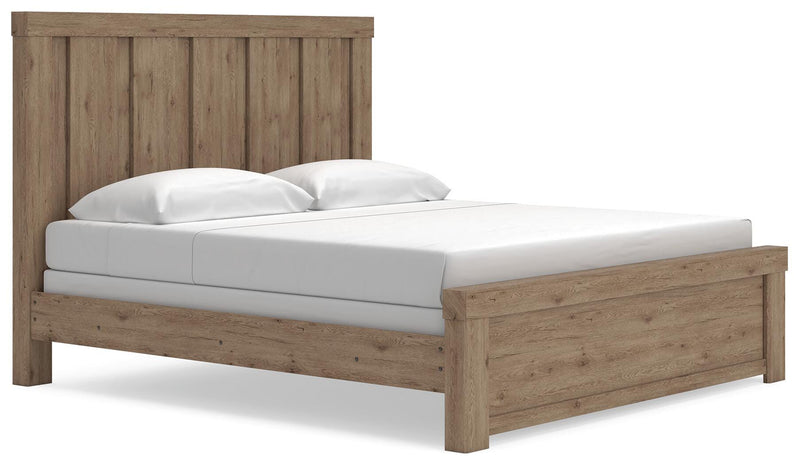 Oliandon King Panel Bed, Dresser, Mirror and Chest in Light Brown - PKG025186