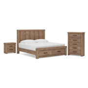 Oliandon King Panel Storage Bed, Chest and Nightstand in Light Brown - PKG025209