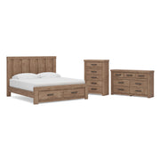 Oliandon King Panel Storage Bed, Dresser and Chest in Light Brown - PKG025208