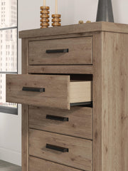 Oliandon King Panel Storage Bed, Dresser and Chest in Light Brown - PKG025208