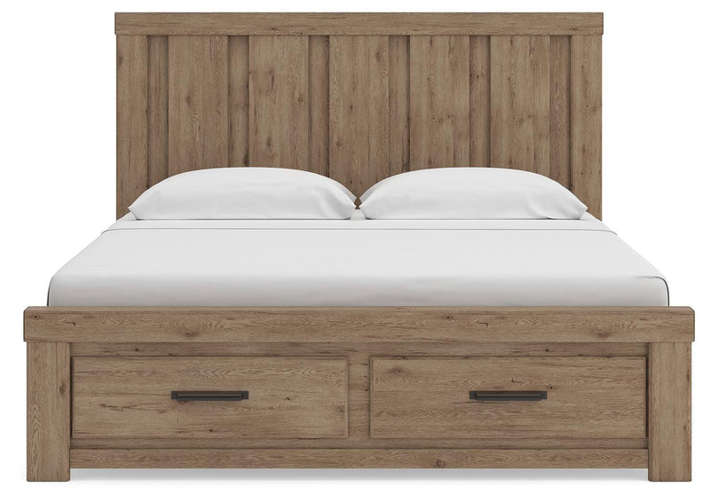 Oliandon King Panel Storage Bed, Dresser and Nightstand in Light Brown - PKG025214