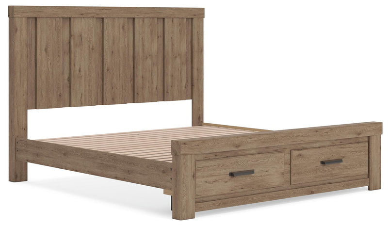 Oliandon King Panel Storage Bed, Dresser and Nightstand in Light Brown - PKG025214