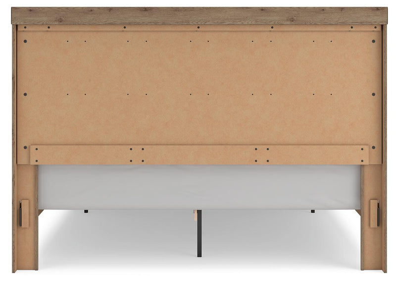 Oliandon King Panel Storage Bed. Dresser, Mirror and Nightstand in Light Brown - PKG025210