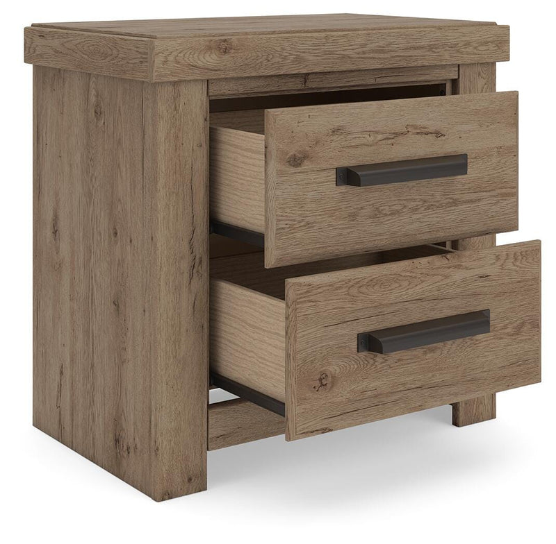 Oliandon King Panel Storage Bed, Dresser, Mirror, Chest and Nightstand in Light Brown - PKG025212
