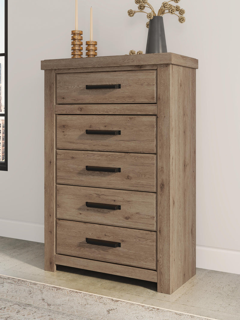 Oliandon Queen Panel Bed, Dresser and Chest in Light Brown - PKG025163