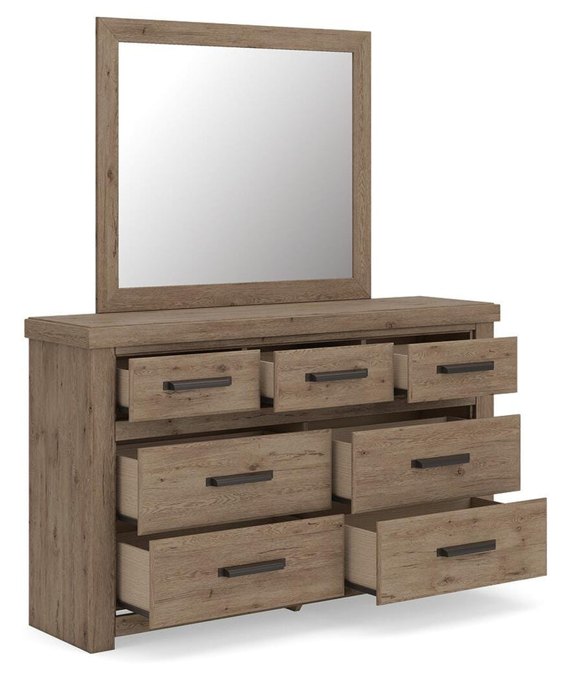 Oliandon Queen Panel Bed, Dresser, Mirror, Chest and Nightstand in Light Brown - PKG025167