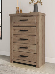 Oliandon Queen Panel Bed, Dresser, Mirror, Chest and Nightstand in Light Brown - PKG025167