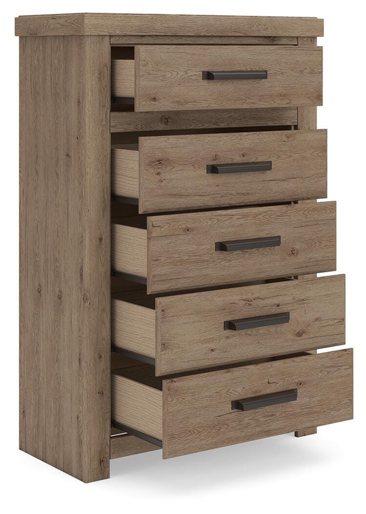 Oliandon Queen Panel Storage Bed, Dresser and Chest in Light Brown - PKG025172