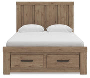 Oliandon Queen Panel Storage Bed, Dresser, Mirror and Chest in Light Brown - PKG025176