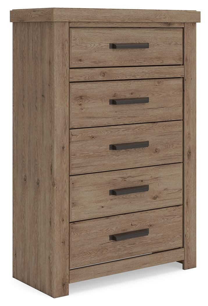 Oliandon Queen Panel Storage Bed, Dresser, Mirror, Chest and Nightstand in Light Brown - PKG025177