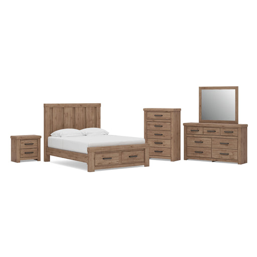 Oliandon Queen Panel Storage Bed, Dresser, Mirror, Chest and Nightstand in Light Brown - PKG025177