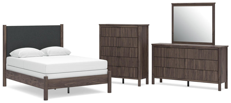 Pamytta Full Upholstered Panel Bed, Dresser, Mirror and Chest in Brown - PKG022725