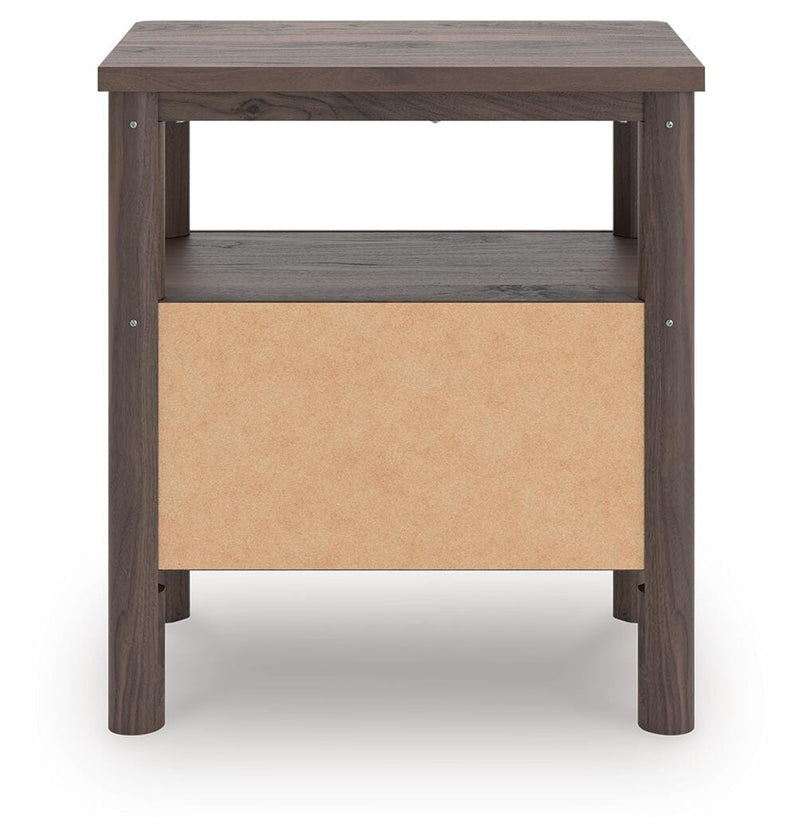 Pamytta Full Upholstered Panel Bed, Dresser, Mirror and Nightstand in Brown - PKG022724
