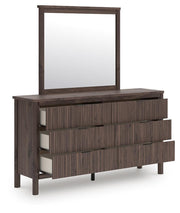 Pamytta Full Upholstered Panel Bed, Dresser, Mirror and Nightstand in Brown - PKG022724