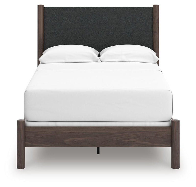 Pamytta Full Upholstered Panel Bed, Dresser, Mirror and Nightstand in Brown - PKG022724