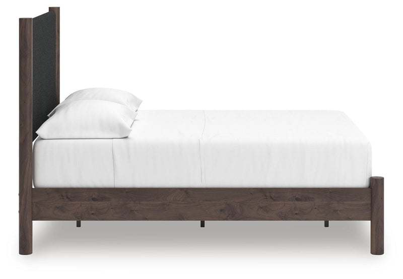 Pamytta Full Upholstered Panel Platform Bed, Chest and  Nightstand in Brown - PKG022762