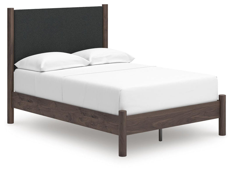 Pamytta Full Upholstered Panel Platform Bed, Dresser, Mirror and Chest in Brown - PKG022689