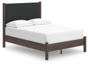 Pamytta Full Upholstered Panel Platform Bed, Dresser, Mirror and Nightstand in Brown - PKG022688