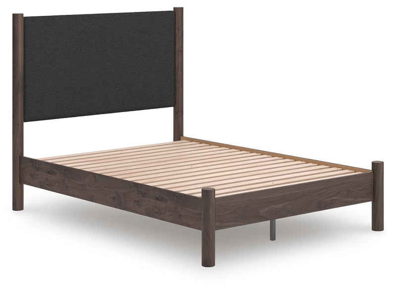 Pamytta Full Upholstered Panel Platform Bed, Dresser, Mirror and Nightstand in Brown - PKG022688