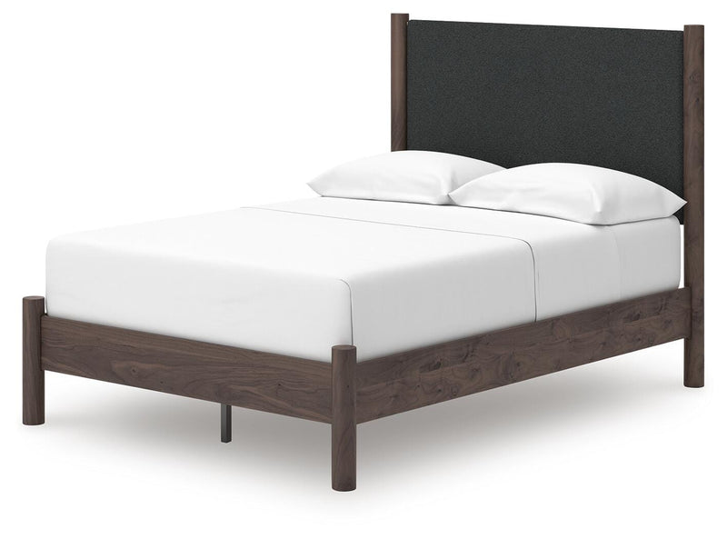 Pamytta Full Upholstered Panel Platform Bed, Dresser, Mirror and Nightstand in Brown - PKG022688