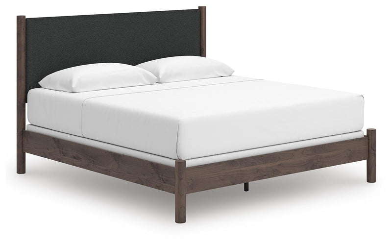 Pamytta King Upholstered Panel Bed, Dresser, Mirror and Nightstand in Brown - PKG022786