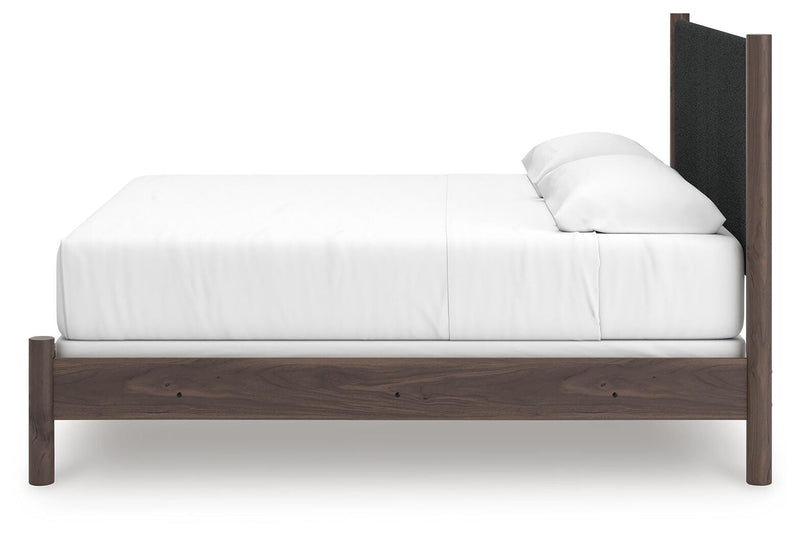 Pamytta King Upholstered Panel Bed, Dresser, Mirror and Nightstand in Brown - PKG022786
