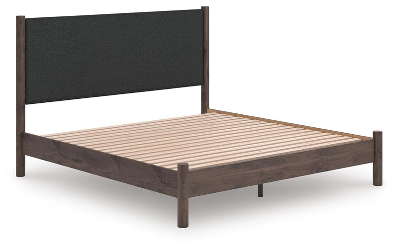 Pamytta King Upholstered Panel Platform Bed, Chest and  Nightstand in Brown - PKG022782