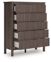 Pamytta King Upholstered Panel Platform Bed, Dresser and Chest in Brown - PKG022781
