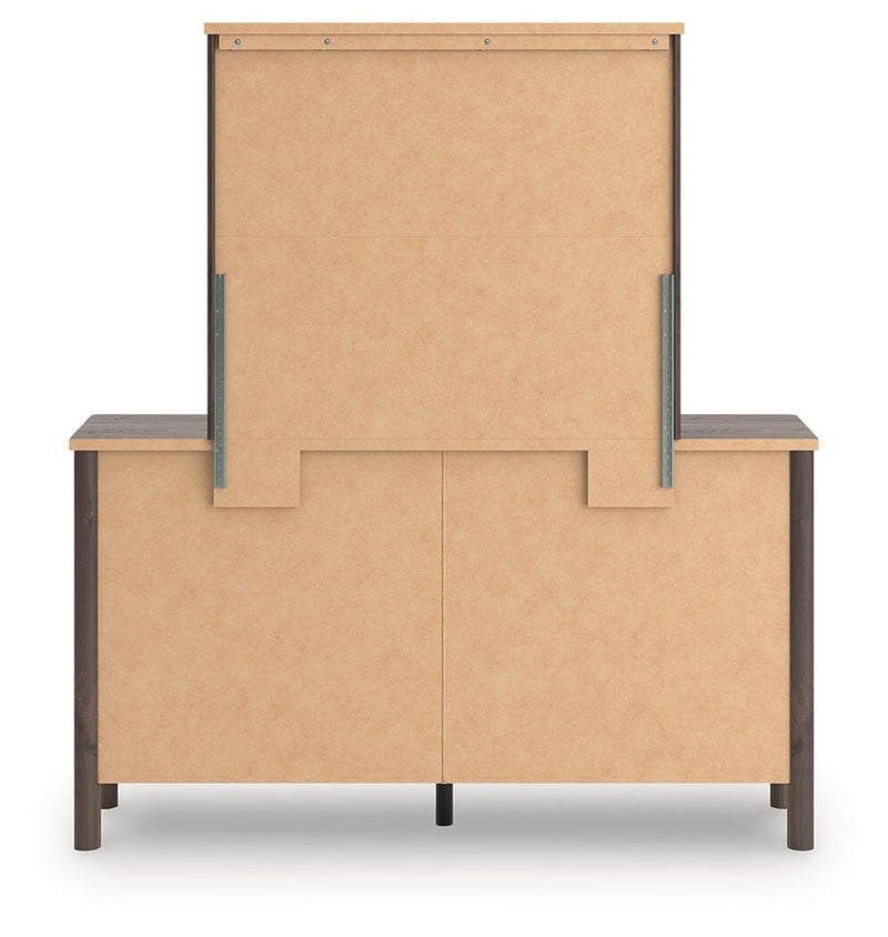 Pamytta King Upholstered Panel Platform Bed, Dresser and Mirror in Brown - PKG022747