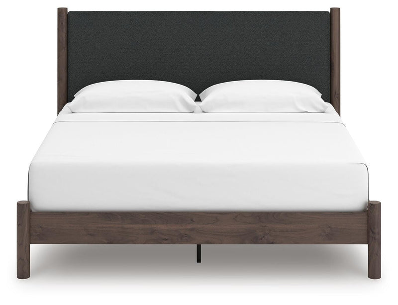 Pamytta King Upholstered Panel Platform Bed, Dresser and Mirror in Brown - PKG022747