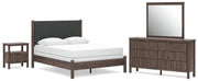 Pamytta Queen Upholstered Panel Bed, Dresser, Mirror and Nightstand in Brown - PKG022730