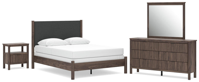 Pamytta Queen Upholstered Panel Bed, Dresser, Mirror and Nightstand in Brown - PKG022730