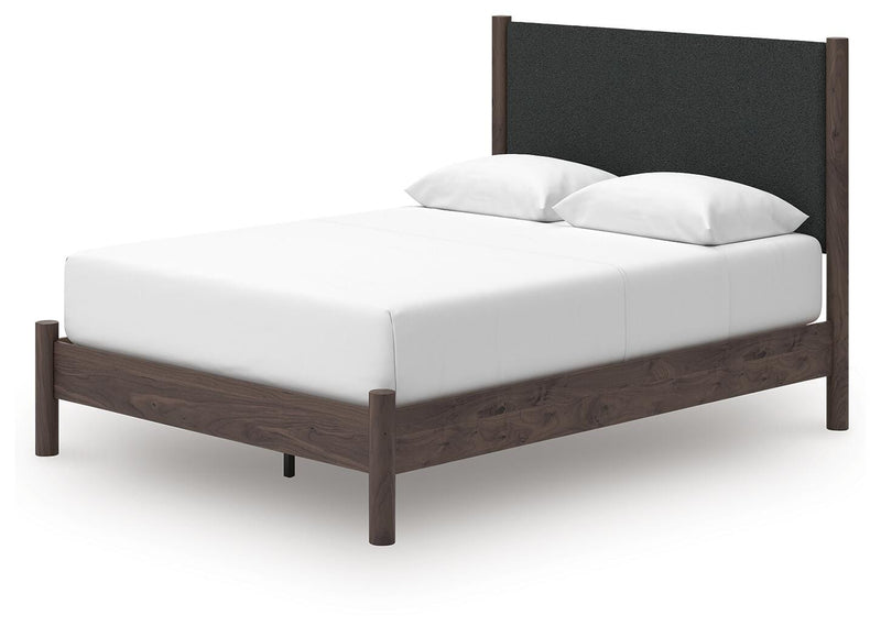 Pamytta Queen Upholstered Panel Platform Bed and Dresser in Brown - PKG022697
