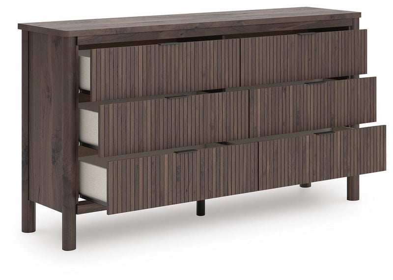 Pamytta Queen Upholstered Panel Platform Bed and Dresser in Brown - PKG022697