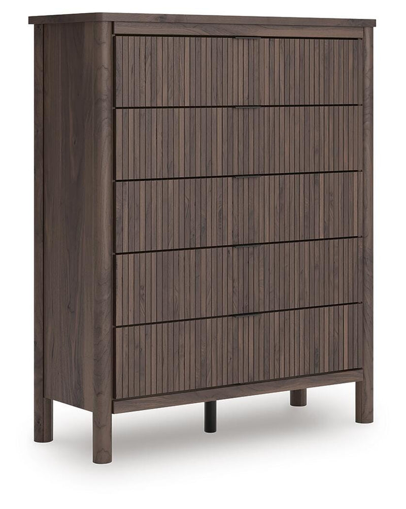 Pamytta Queen Upholstered Panel Platform Bed, Dresser, Mirror and Chest in Brown - PKG022695