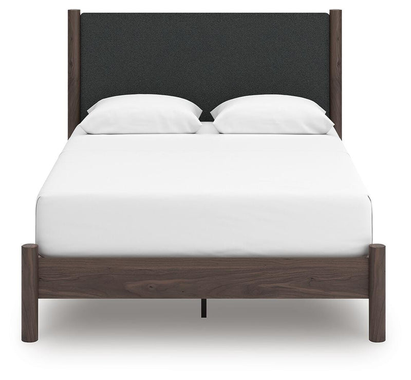 Pamytta Queen Upholstered Panel Platform Bed, Dresser, Mirror and Chest in Brown - PKG022695