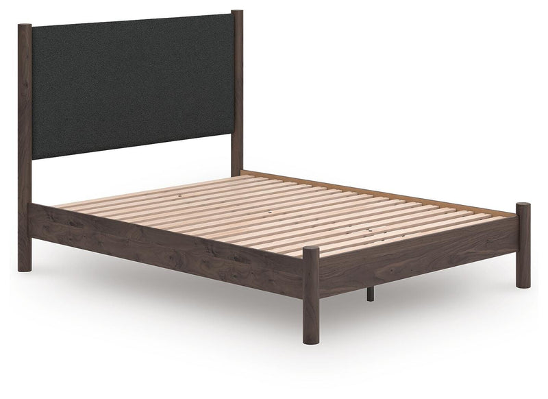 Pamytta Queen Upholstered Panel Platform Bed, Dresser, Mirror and Chest in Brown - PKG022695