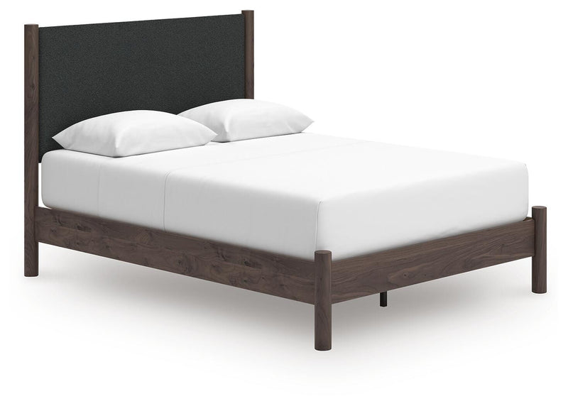 Pamytta Queen Upholstered Panel Platform Bed, Dresser, Mirror, Chest and Nightstand in Brown - PKG022696