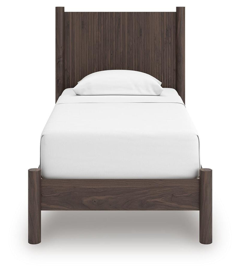 Pamytta Twin Panel Platform Bed, Dresser and Nightstand in Brown - PKG022668